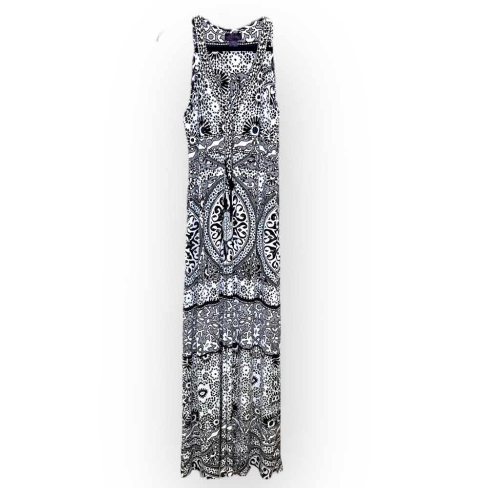 Hale Bob Jersey Knit Black and White Moroccan Print Tie Waist Maxi Dress sz S